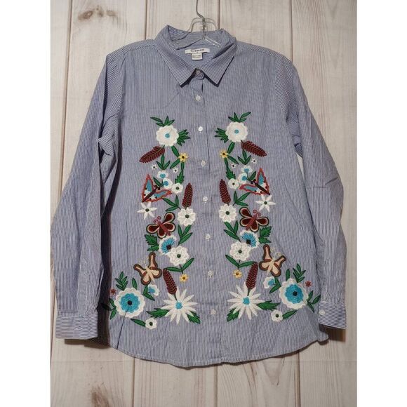 Glamorous Shirt Ladies Medium Blue‎ Button Front Long Sleeve Embroidered Floral - Picture 1 of 9